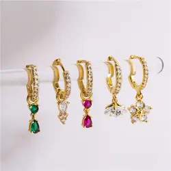 HECHENG, Multicolor Zircon Water Drop Flower Small Hoop Earrings for Women Brass 18K Plated Pendant Piercing Earrings New