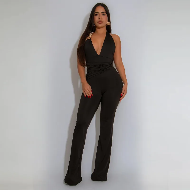 

Women Solid Metal Buckle Halter Backless Skinny Flare Jumpsuits Sexy V Neck Sleeveless Lace Up Ruched Slim Club Party Overalls