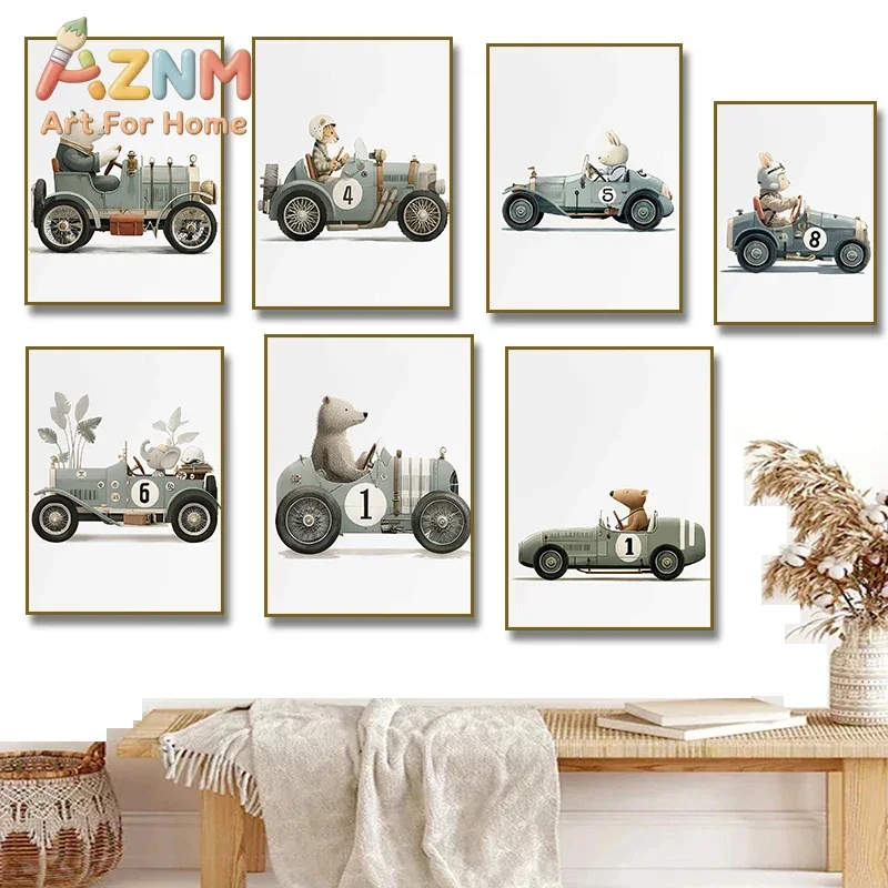 AZNM Cute Animal Vintage Race Car Canvas Print, Bear Rabbit Mouse Driving Retro Car Boys Nursery Unframed Wall Poster