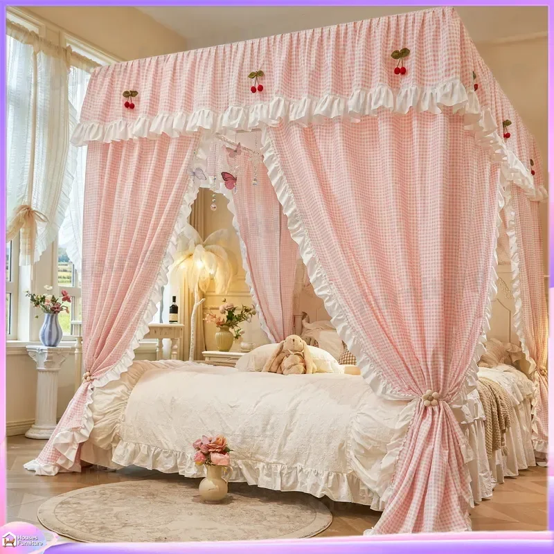 2026 new pastoral princess wind court floor mosquito net household shading dust bed mantle integrated bed curtain children