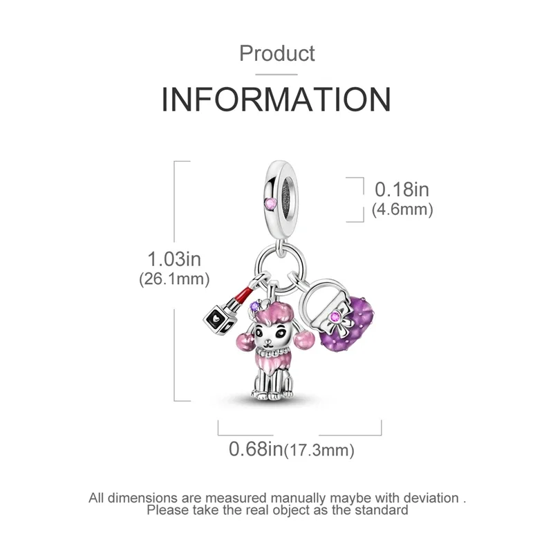 Trendy 925 Sterling Silver Pink Precious Soldier Dog Bag Lipstick Charm Fit Pan Bracelet Women's Shopping Accessories