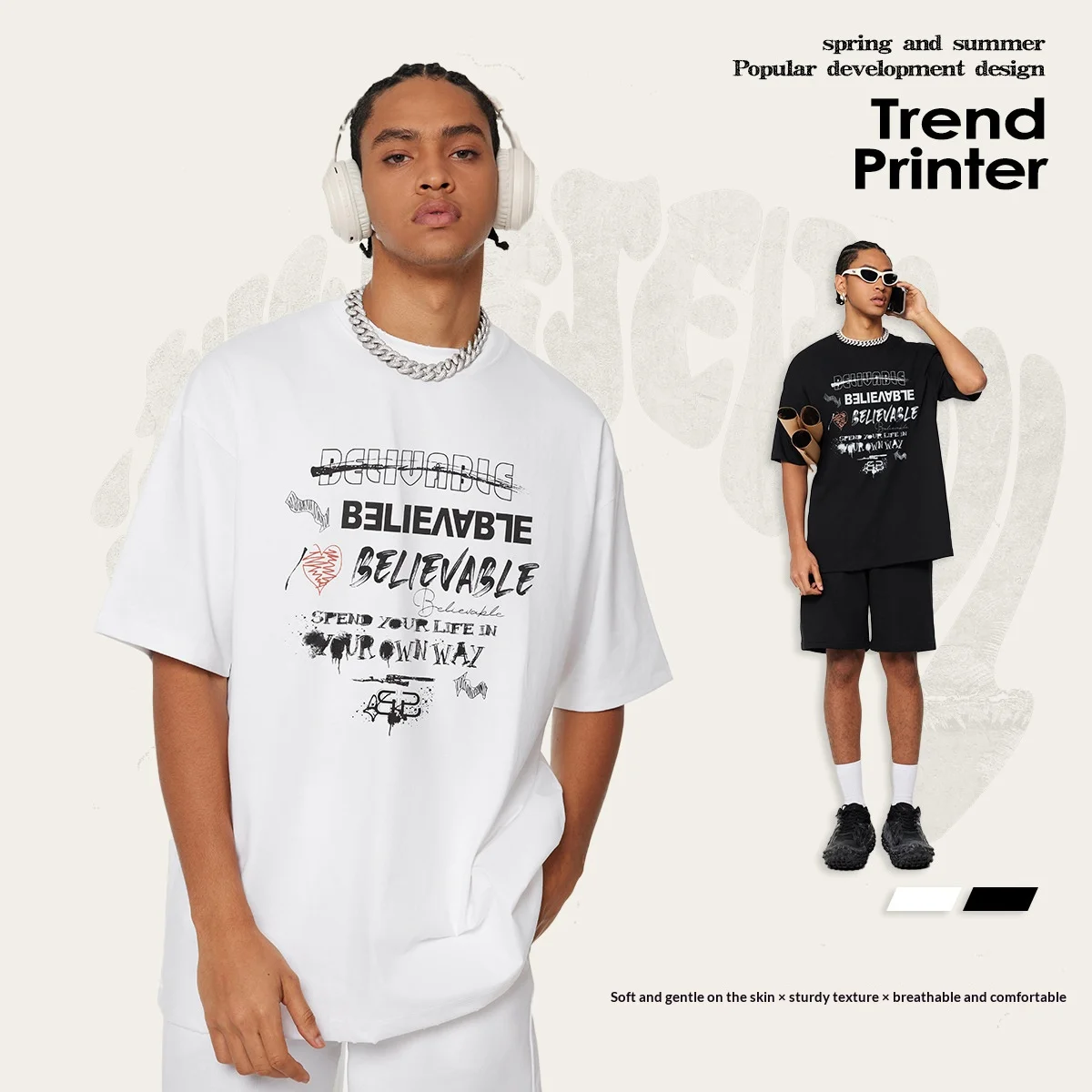 Summer American Trendy White Ink Direct Print Men Short Sleeve Loose Crew Neck T-shirt UPS/FEDEX Air, 3-5Day Delivery