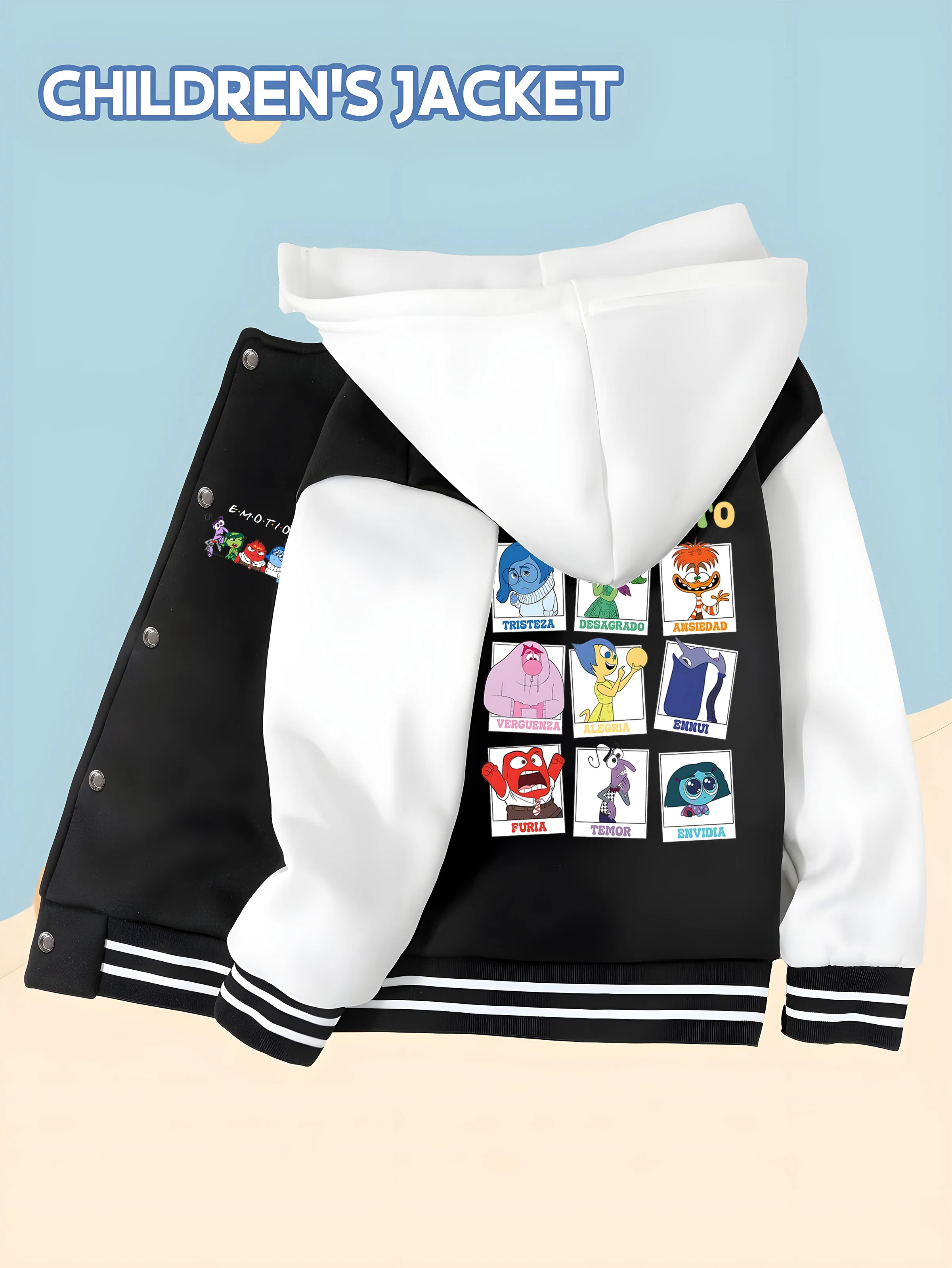 

MINISO Disney Boys' Baseball Jacket - Inside Out Mood Print, Character Print on Back, Fashionable and Fun for School