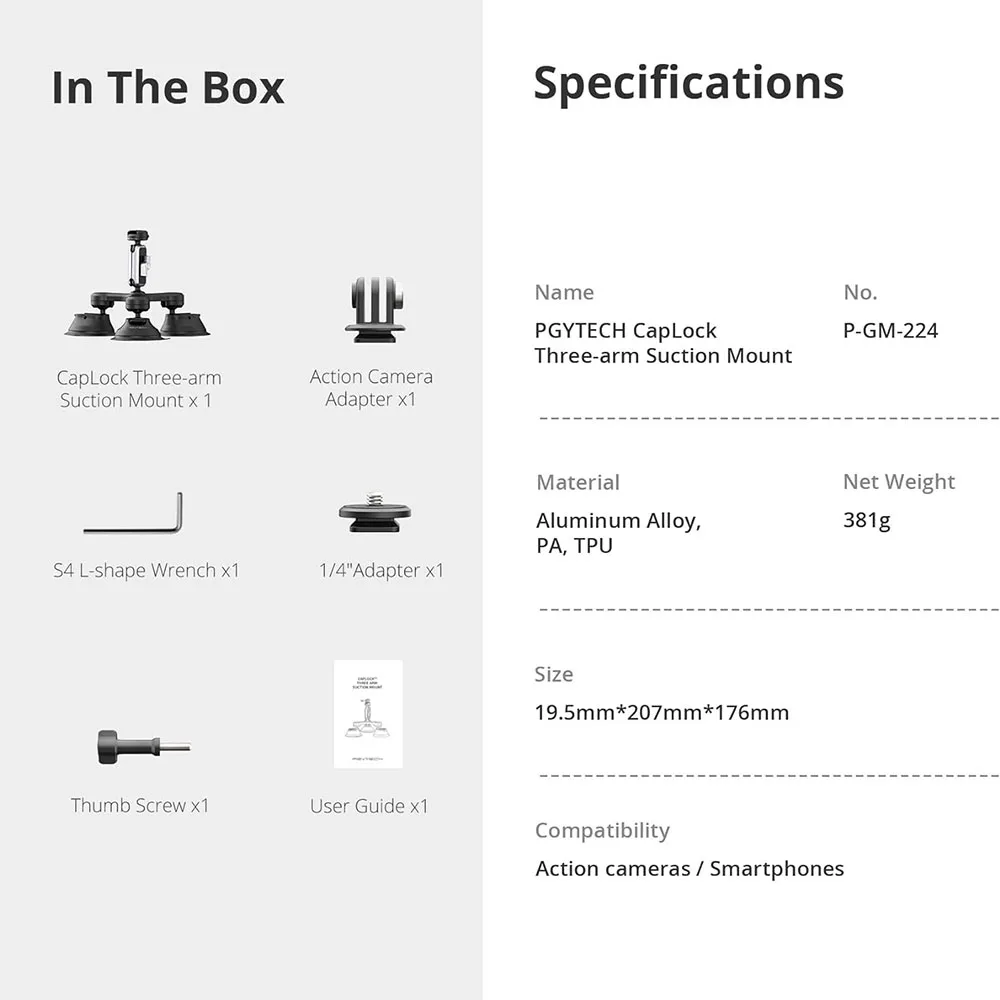 PGYTECH-ذراع ثلاثي شفط سيارة جبل ، 360 درجة دوران الزجاج الأمامي ، Gopro بطل 12 ، 11 ، 10 ، 9 ، DJI OSMO العمل 4 ، 3 Insta360