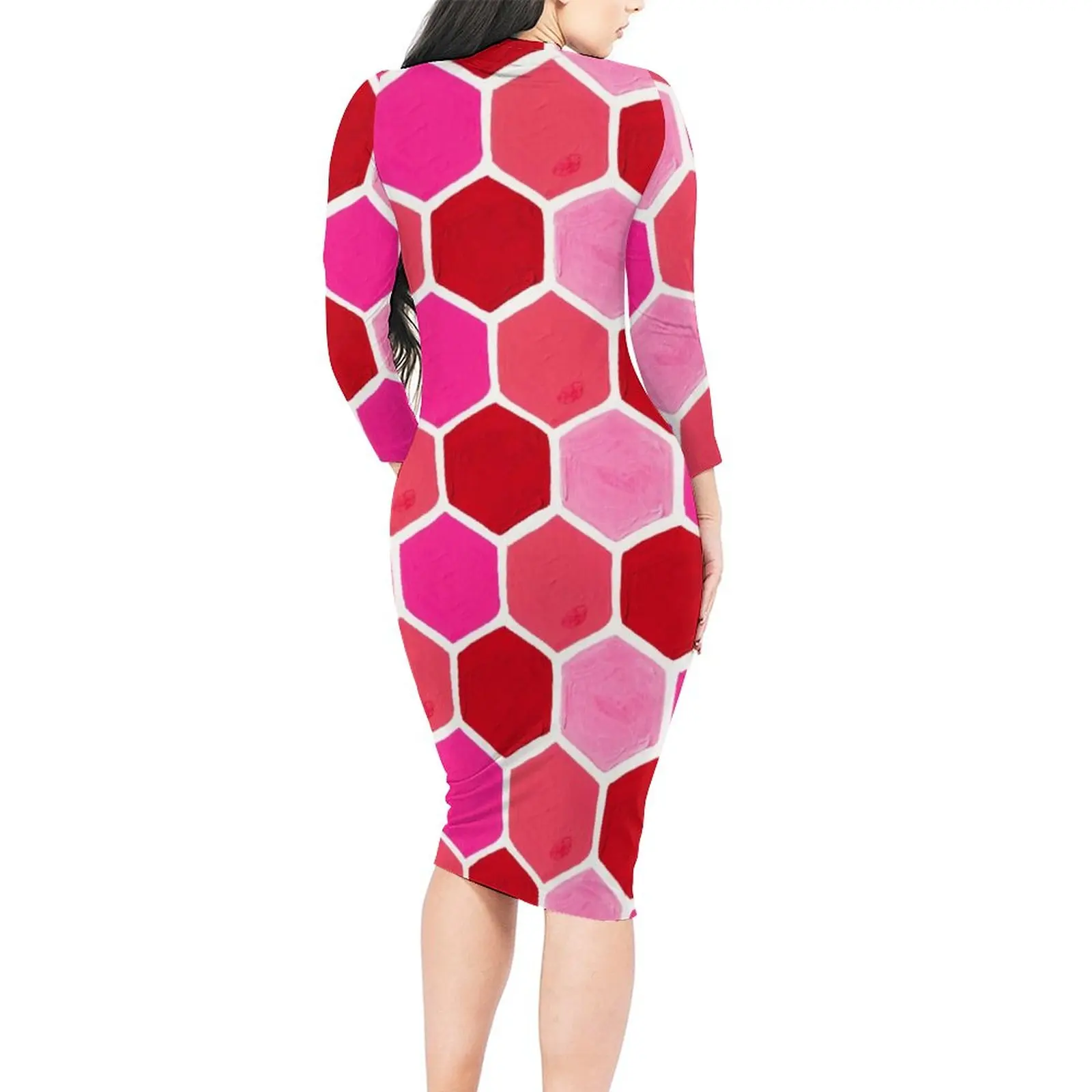 Pink Retro Mod Bodycon Dress Ladies Hexagon Honeycomb Stylish Dresses Summer Long Sleeve Street Style Design Dress Large Size