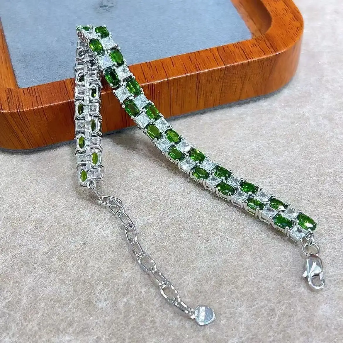 

Natural Diopside Bracelet 3x5mm, S925 Sterling Silver White Gold Plated Green Gemstone Jewelry