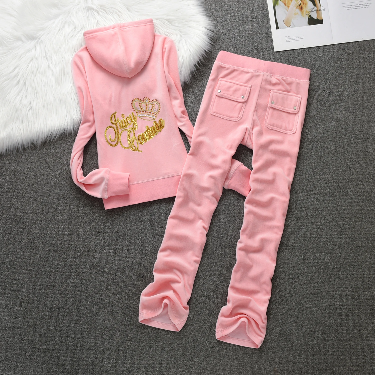 Juicy Cometure Velvet Tracksuit Crystal Embroidered Women Sweatshirt Set, Outdoor Casual Sportswear 2pc Casual Trousers + Hoodie