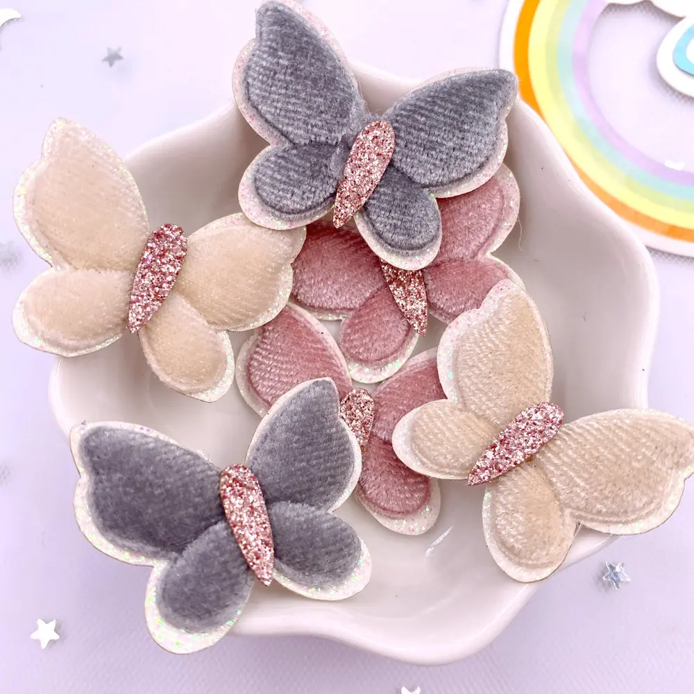 12pcs Colorful Glitter Flannelette Padded Fabric Butterfly Applique Patchs Wedding Girl Hair Clip DIY Bow Craft Supplies XE814