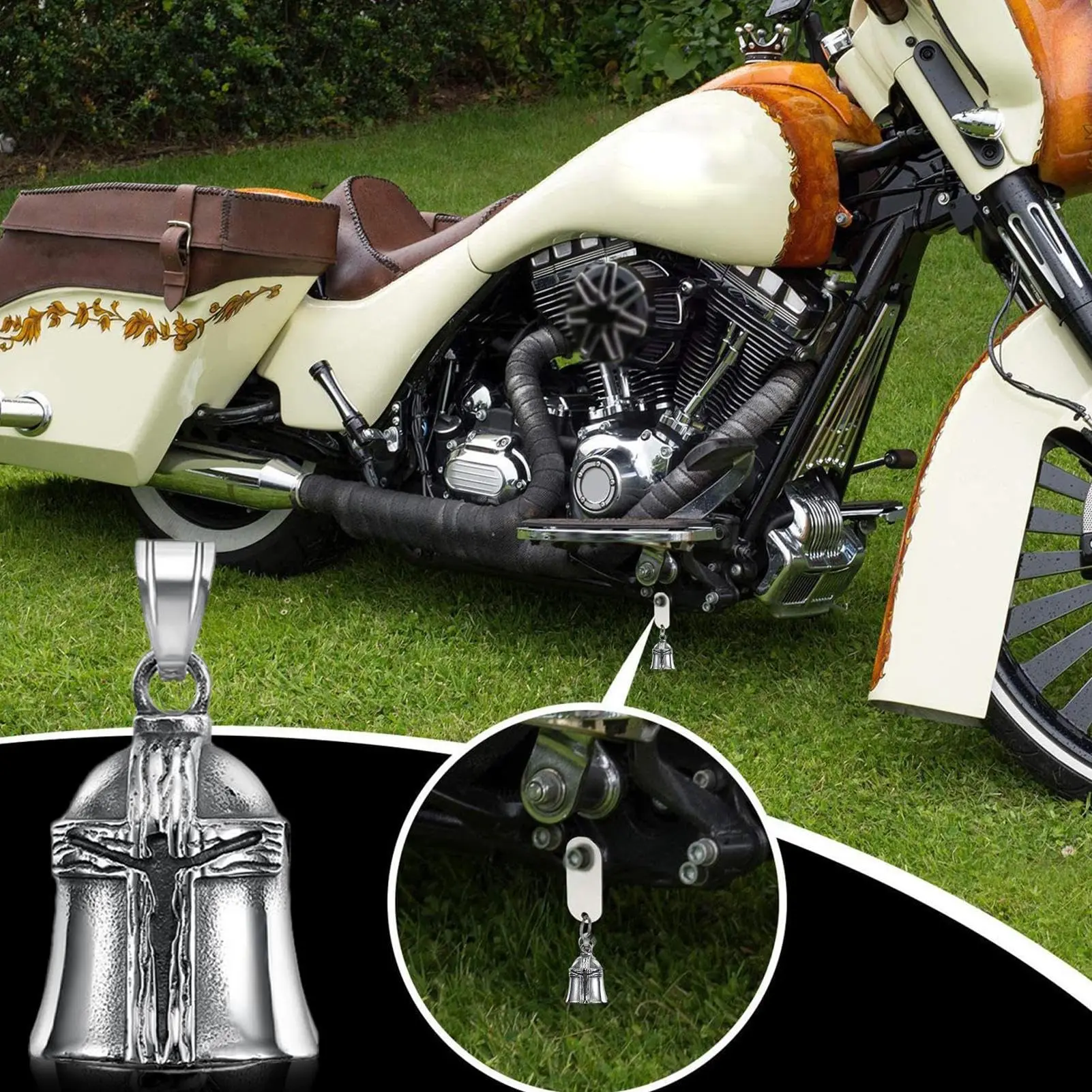 Vintage Cross Pattern Motorcycle Guardian Bell Pendant, Anti-rust Hanging Bell for motorbike Decoration