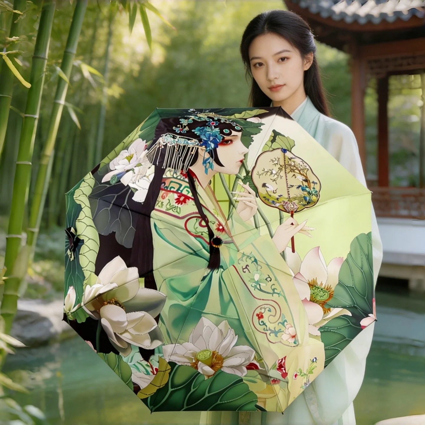Chinese Opera Beauty girl Folding Umbrella Silver Coating Anti UV Portable Rain Parasol for Women Outdoor Travel Daily Commute