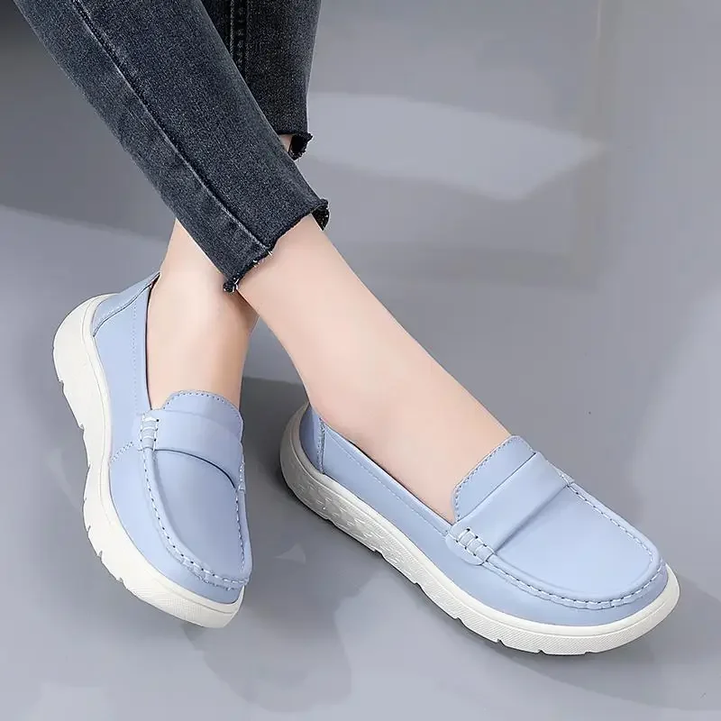 

First Layer Soft Cowhide Mom Shoes Comfortable Soft Bottom Low-Cut round Toe Flat Bottom Moccasins Maternity Work Loafers Flat