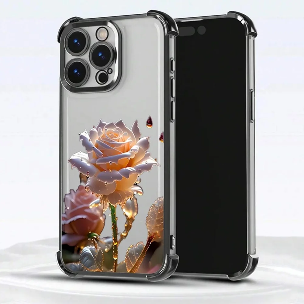 Funda para Teléfono con Diseño de Rosas de Cristal para iPhone 17 16 15 14 13 12 11 Pro Max Plus Air 17e 16e, con Recubrimiento en las Cuatro Esquinas y Protección Anticaídas