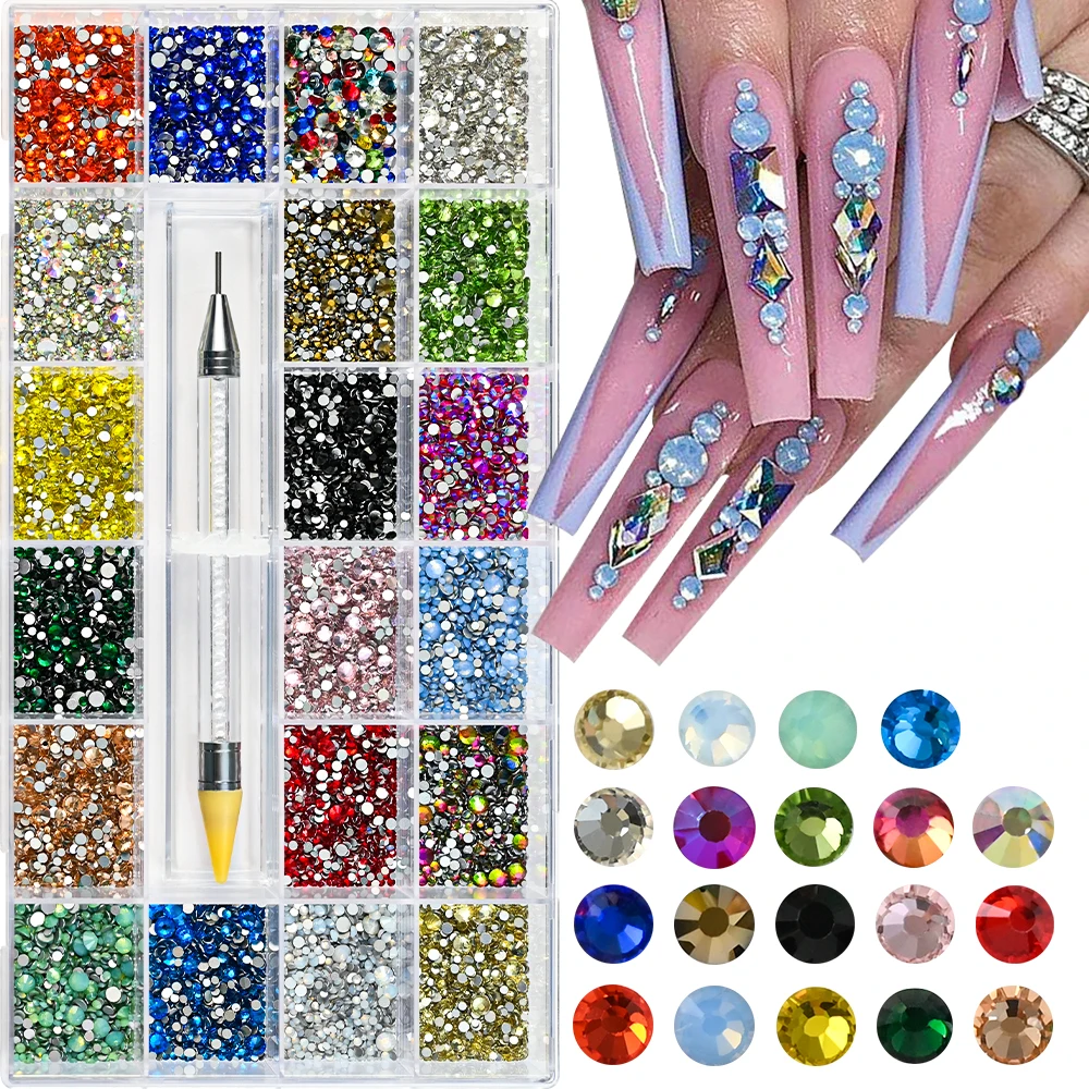 

14400pcs Mixed AB Glass Crystal Diamond Nail Art Rhinestones 21 Grids Box Flatback Stones Nails Accessories Set With Pick Up Pen