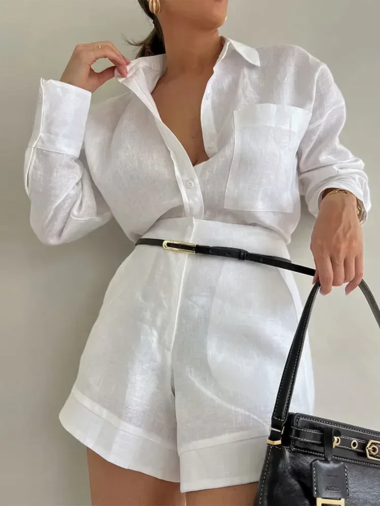 Women Elegant Button Pocket Lapel Blouse Suits Long Sleeve Short Pants Two Piece Set 2024 Spring Casual Female Vacation Outfits