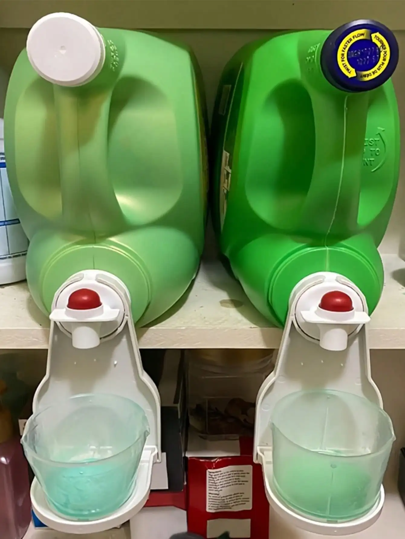 A set of 2 laundry detergent cup holders and liquid detergent dispenser, suitable for most bottle sizes