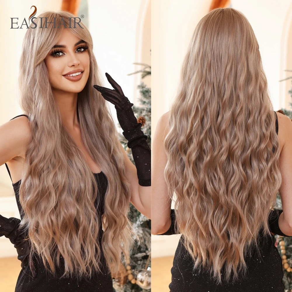 EASIHAIR-pelucas sintéticas onduladas al agua para mujer, pelo falso Natural, resistente al calor, color rubio ceniza, con flequillo largo, para fiesta de Cosplay diaria