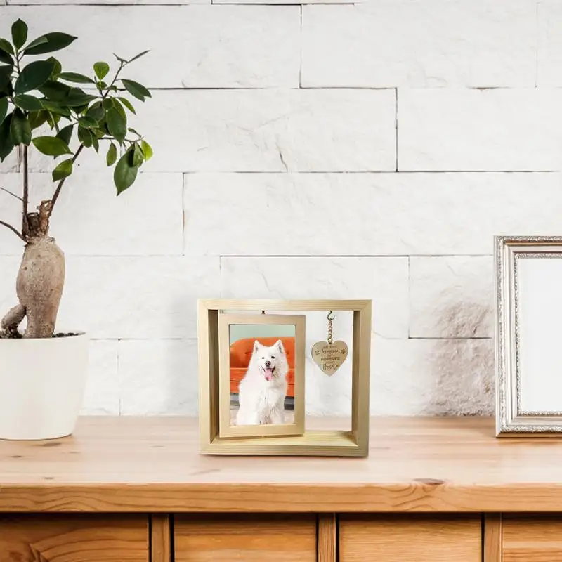 Bingkai foto Desktop kayu dapat diputar, dekorasi Desktop hewan peliharaan liontin hati dekorasi meja rumah Memorial anjing untuk kamar tidur ruang tamu
