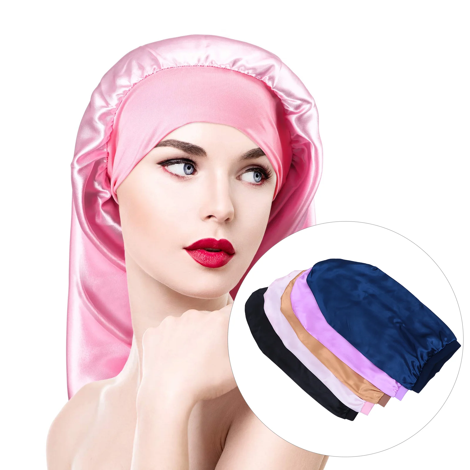 5 Pcs Sleep Headscarf Wide Brim Beanie Satin Bonnet Long Braids Cap Hair Care Navy