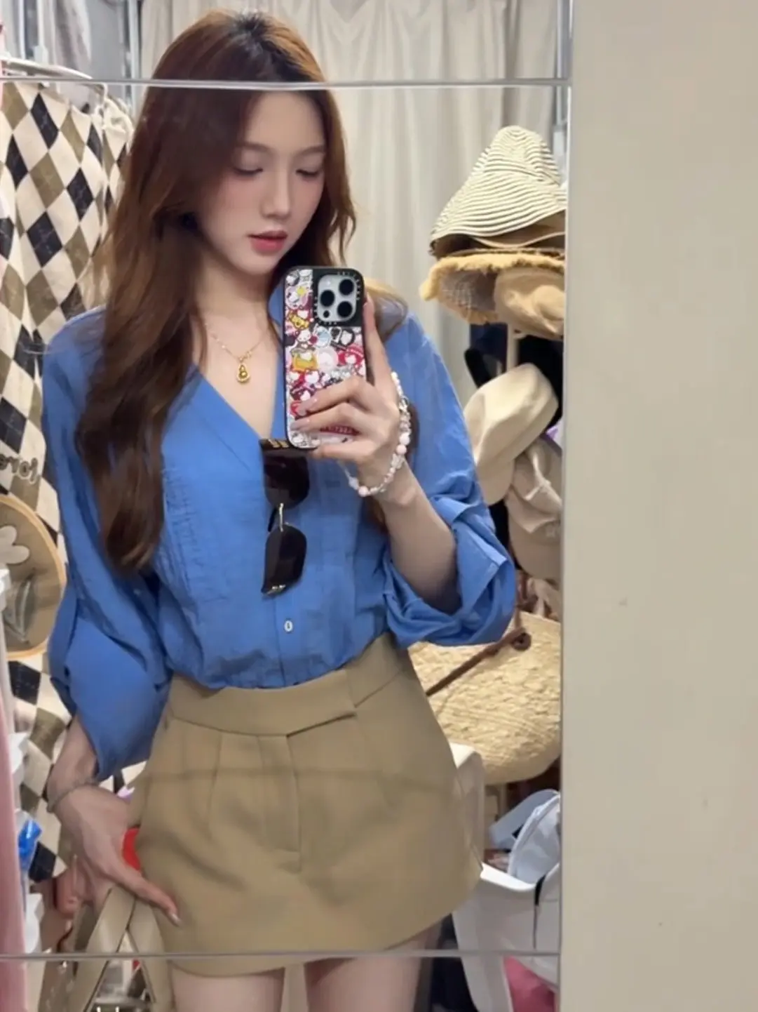 Blue Long Sleeve Shirt And Khaki Short Skirt Women's Fashion Set Summer Commute Style High Waist Shorts Button up Loose Fit