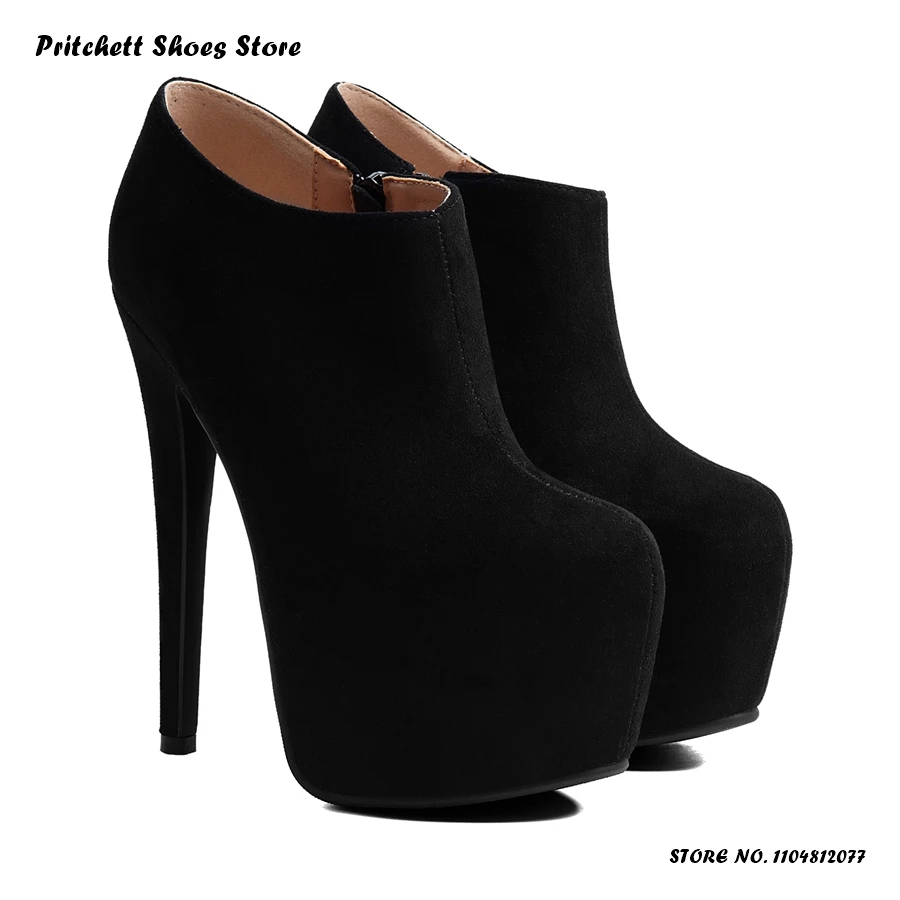Women's Solid Platform Stiletto Booties Concise Side Zipper Slip-on Ankle Boots Elegant Round Toe Thin Heels Plus Size Footwear