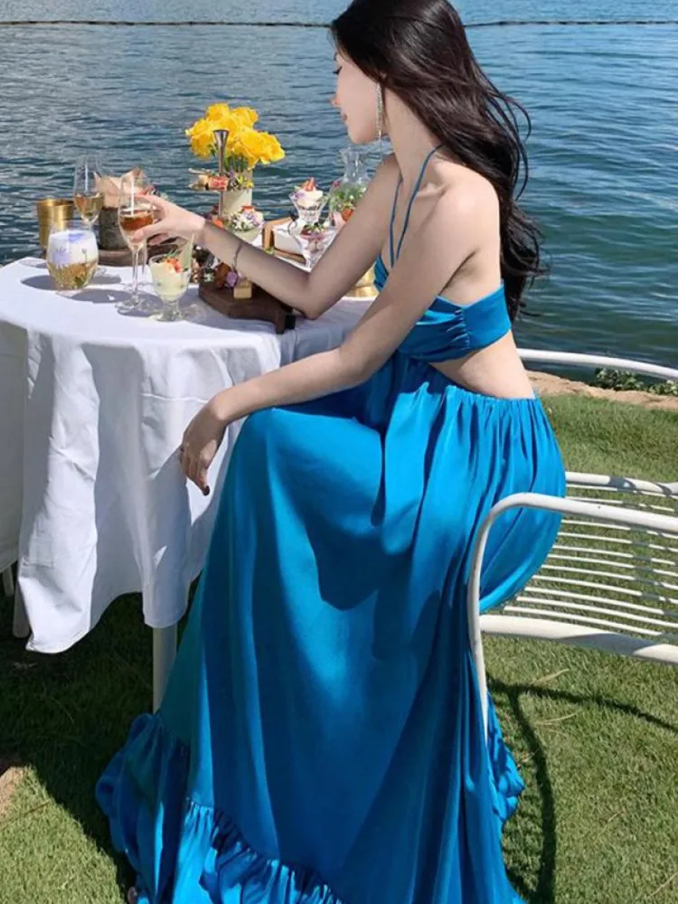 Women Blue Sexy Club Hanging Neck Hollowed Backless Pleated Long Dress Summer Fashion Birthday Evening Party Bandage Sundress