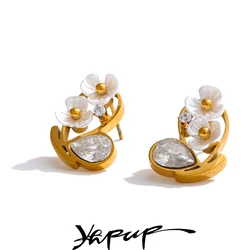 Yhpup Exquisite Stainless Steel Flower Cubic Zirconia Stud Earrings Anti Allergic Chic Daily Jewelry