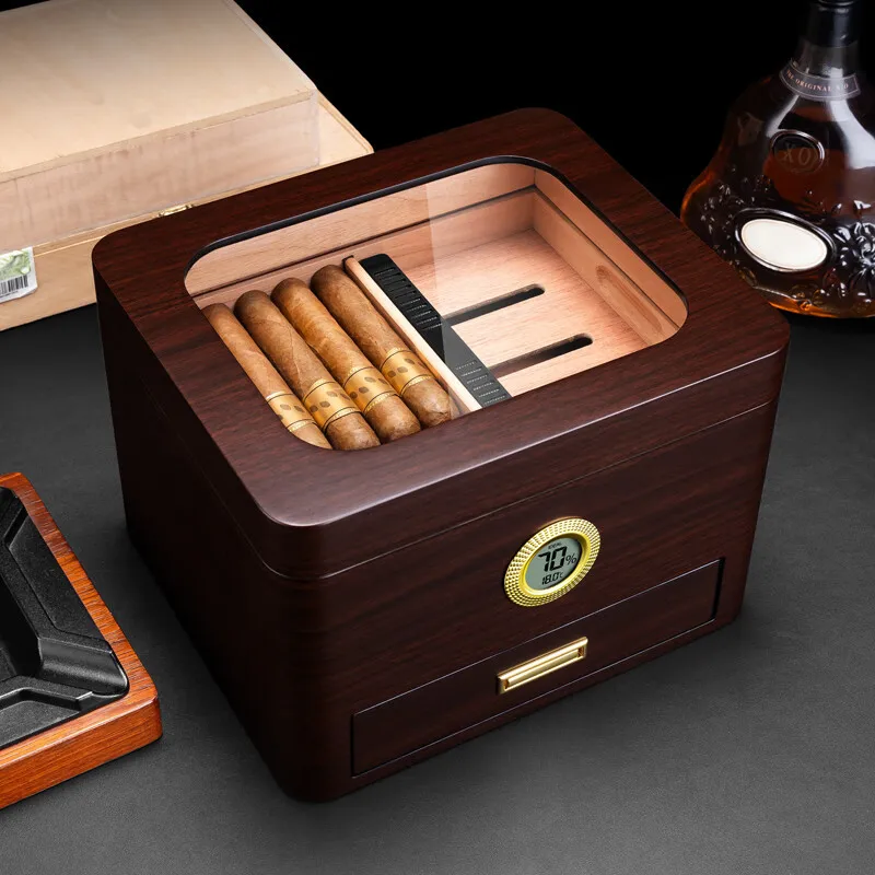 Luxury cigar box large-capacity perspective window soft cedar wood cigar set three-piece set moisturizing and moisture-proof