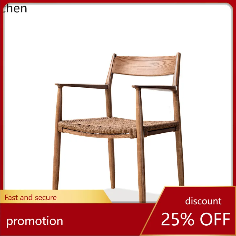 

CZ Woven Home Dining Solid Wood Chair Wabi-Sabi Study Armrest Backrest Chair