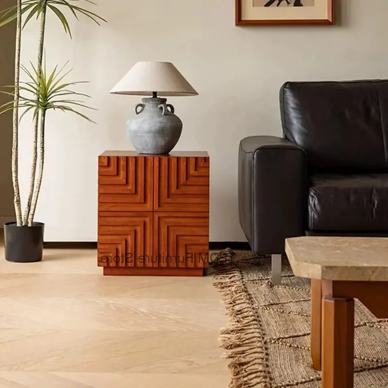 Panel, Geometric Carved Wooden Nightstand, Mid-Century End Table with L-Shaped Wood Bedside Cabinet for Living Room & Bedroom