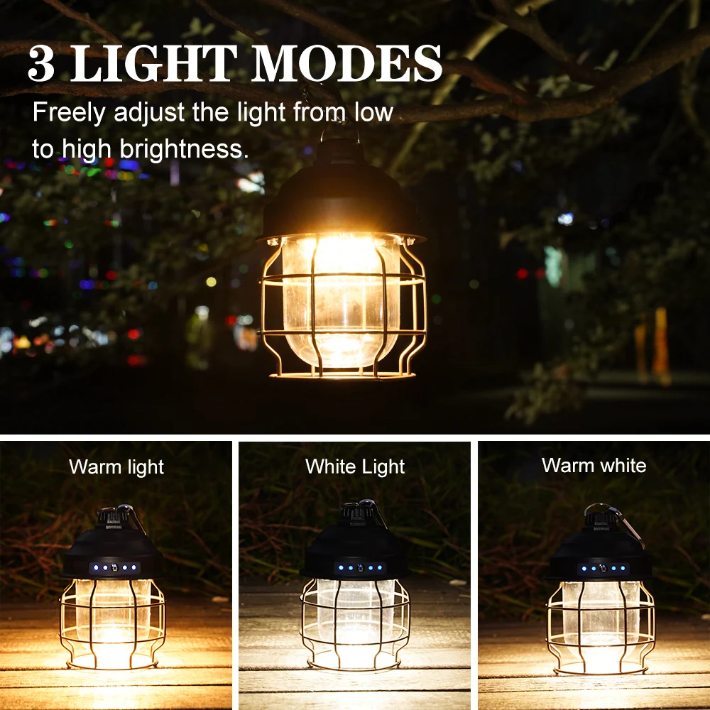 Vintage Metal Hanging Camping Lanterns 3600mAh Battery Powered Warm Light Led Camp Lantern Rechargeable Tent Light For Outdoor