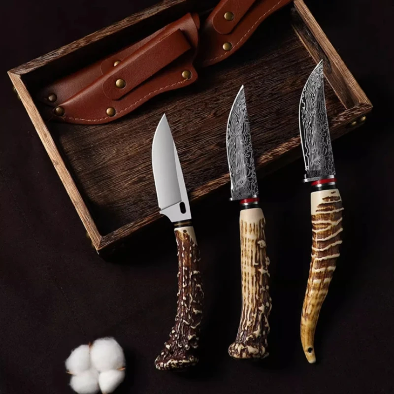 1/3pc Damascus Meat Eating Knife, Faux Sheep Horn Vintage Look, High Hardness Sharp Knife, Kitchen Knife C