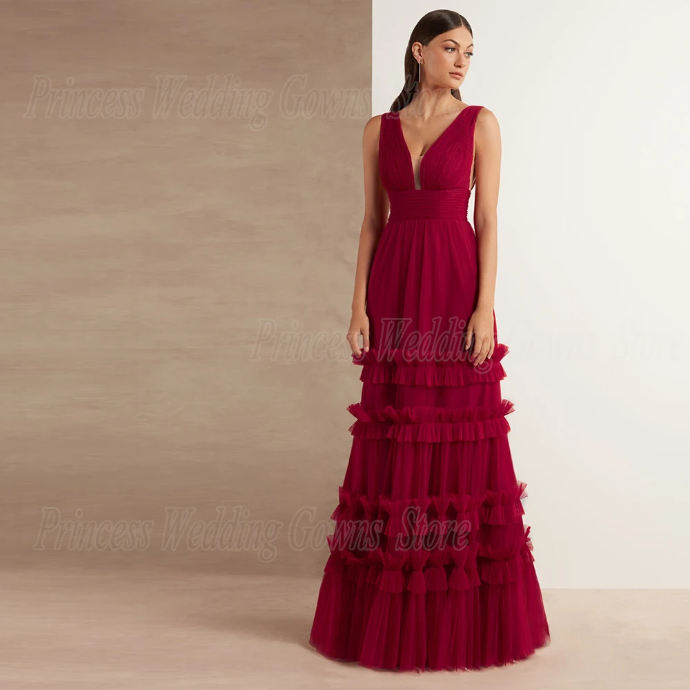 Elegant Burgundy Prom Dress Double V Neck Floor Length Cap Sleeve Pleat Tulle Mono Evening Party Gown A Line Custom 2022 New