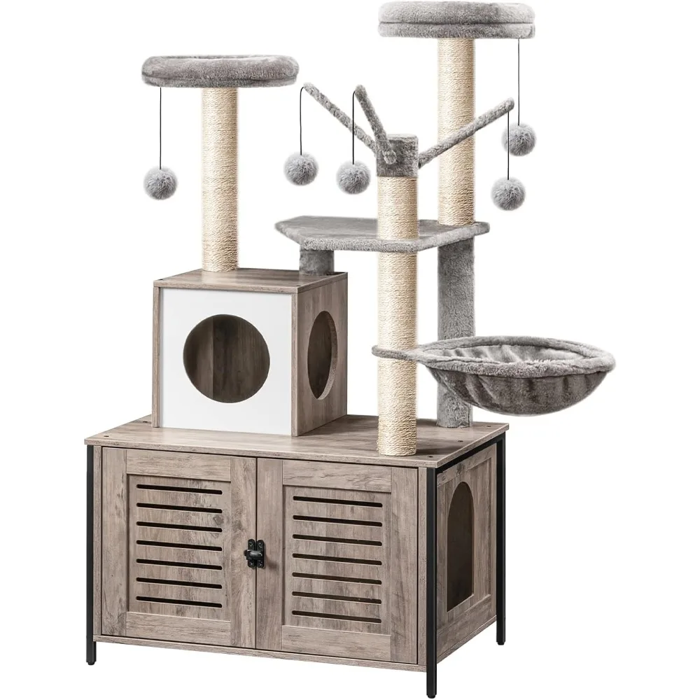 Cat Tree with Litter Box Enclosure & Scratching Posts for Indoor Cats, Detachable Teaser Sticks,Cat Condo with Hammock