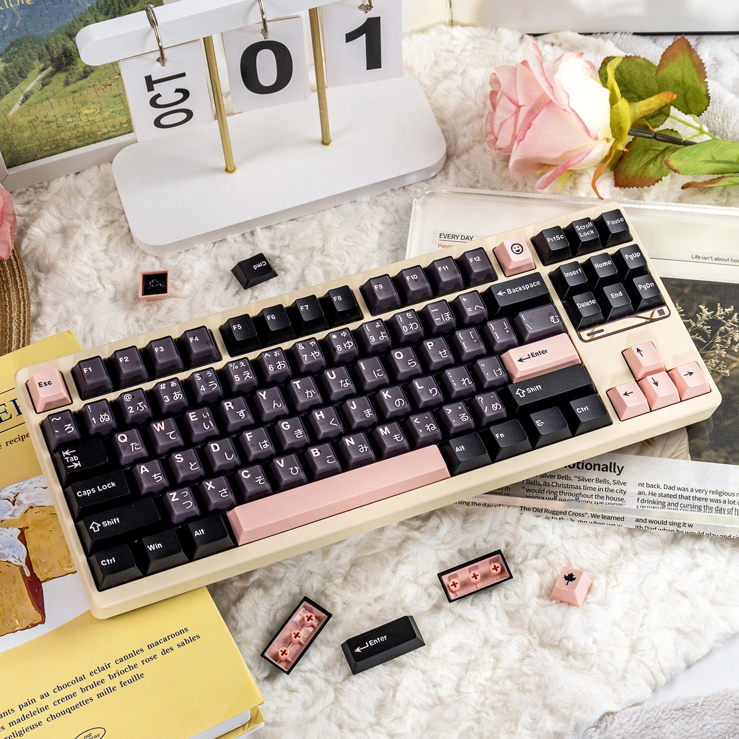 Mintcaps Night Sakura Keycaps Double Shot Cherry Profile PBT+PC Keycaps Japanese Translucent Keycaps For MX Mechanical Keyboard