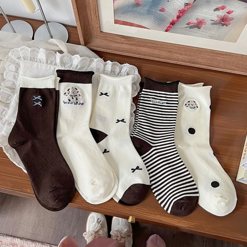 

5 пар женских осенне-зимних хлопковых носков с героями мультфильмов, милые стильные носки с рюшами, японская мода, Calcetines Animalitos для девочек, подарок