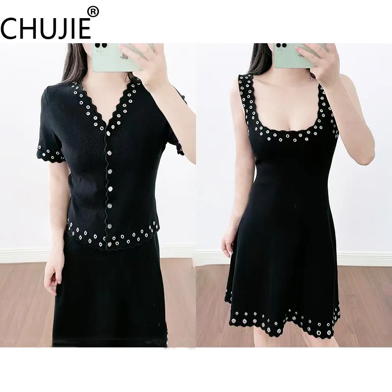 

CHUJIE 2025 Summer Premium Knit Set - V-Neck Lace Trim Short Sleeve Top + Mini Dress, Wavy Hem & Studs, Viscose+Nylon