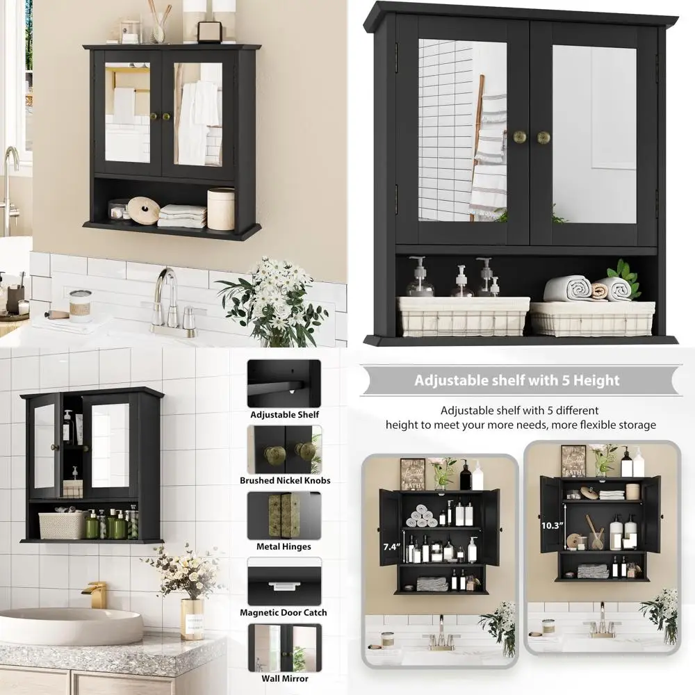 

Black Wall-Mounted Medicine Cabinet with 2 Mirrored Doors and Adjustable Shelves, 21.5x7.8x23.6