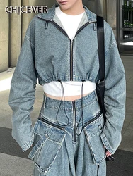 CHICEVER Casual Jacket For Women Stand Collar Long Sleeve Patchwork Zipper Streetwear Loose Spliced Drawstring Denim Coat Female