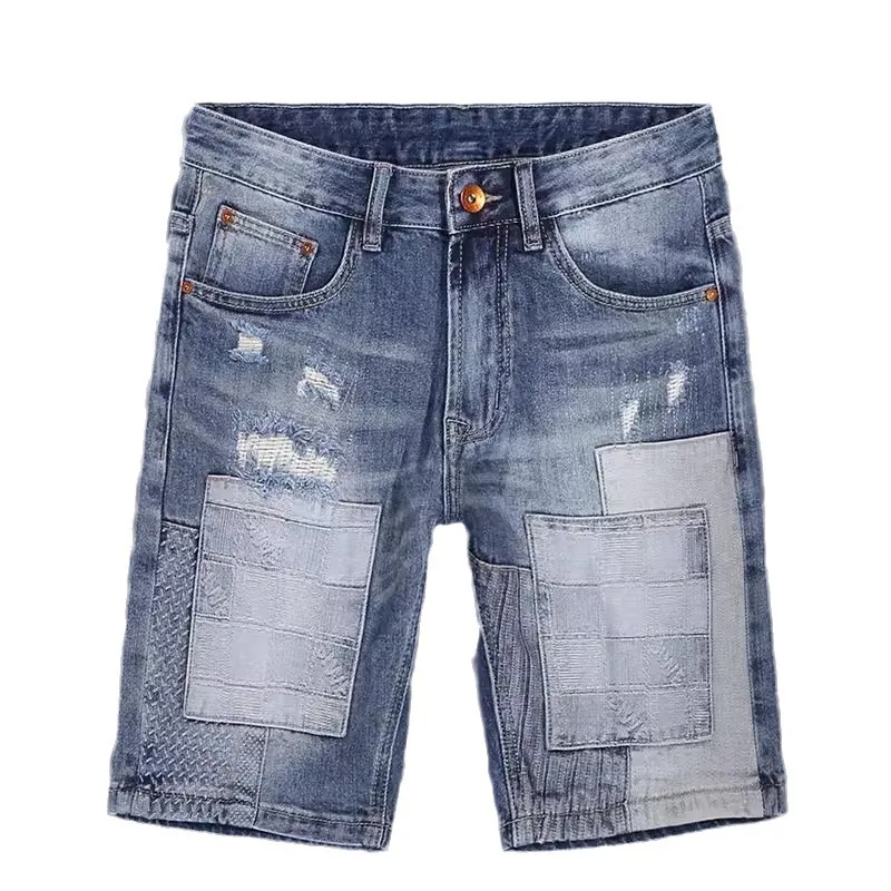 Street Fashion Men Jeans Summer Retro Blue Stretch Slim Fit Ripped Short Jeans Hombre Patched Designer Hip Hop Denim Shorts Men