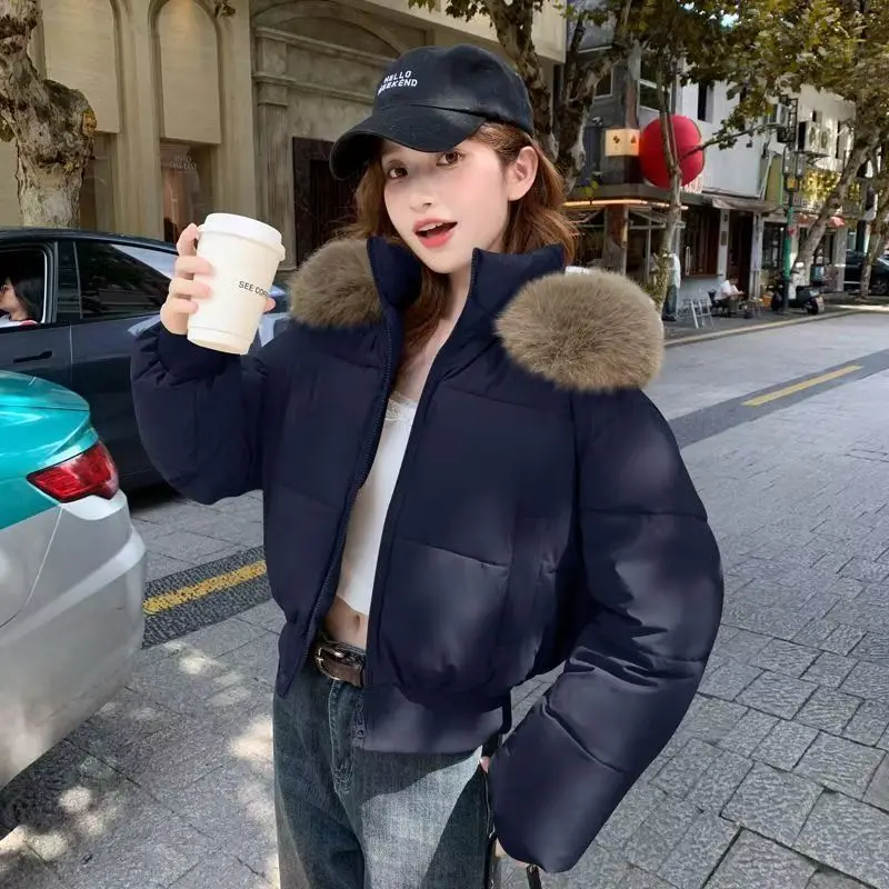 

Winter Crop Jacket Women's Cotton Coat Fur Collar Hooded Parka Warm Thick Long-sleeved Windproof Outerwear Y2k Streetwear Black