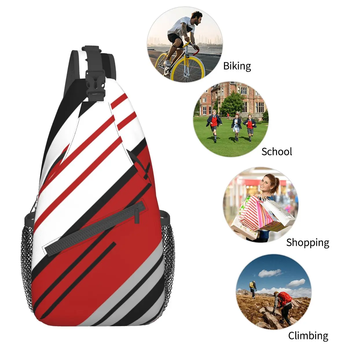 Diagonal Stripes Red Abstract Small Sling Bag Chest Crossbody Shoulder Sling Backpack Outdoor Sports Daypacks Geometric Pattern