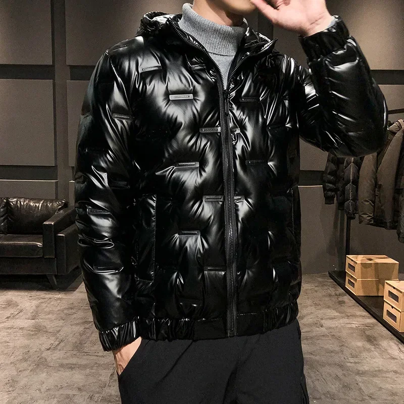 Men\'s Shiny Down Parka Coats Windbreaker Youth Casual Slim Hooded Puffer Jacket Male Winter Warm White Duck Down Jackets Outwear