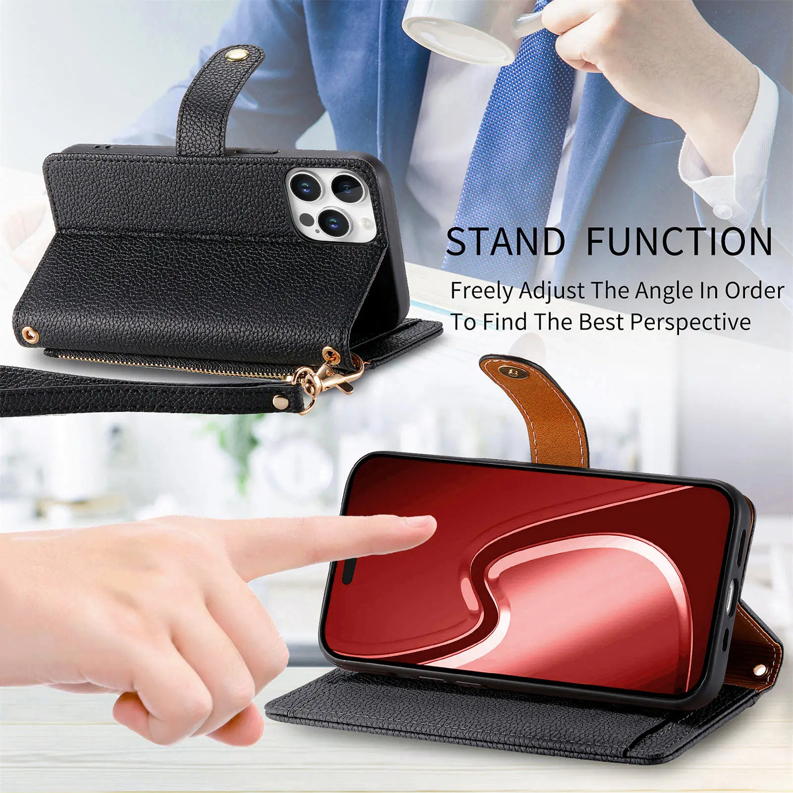 Leather Wallet Flip Case for Motorola Edge 70 60 50 40 30 Fusion Pro Neo 2025 2024 5G Phone Cover Wrist Strap, Heart Emblem view 4