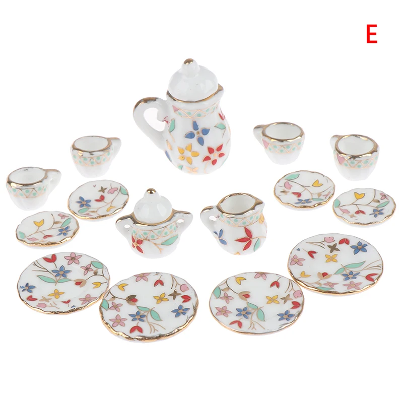 15Pcs 1:12 Dollhouse Miniature Tableware Porcelain Ceramic Tea Cups Set Toys