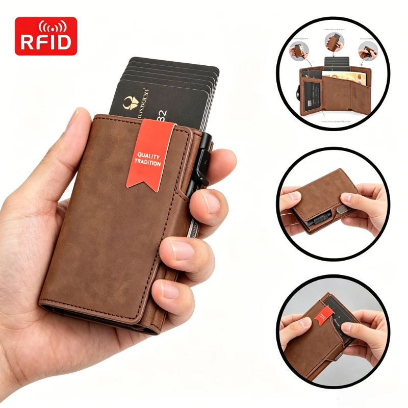 

Genuine Leather RFID Blocking Pop-Up Wallet Slim Card Holder with Zipper Coin Pocket & Snap Closure Minimalist Organizer for Men