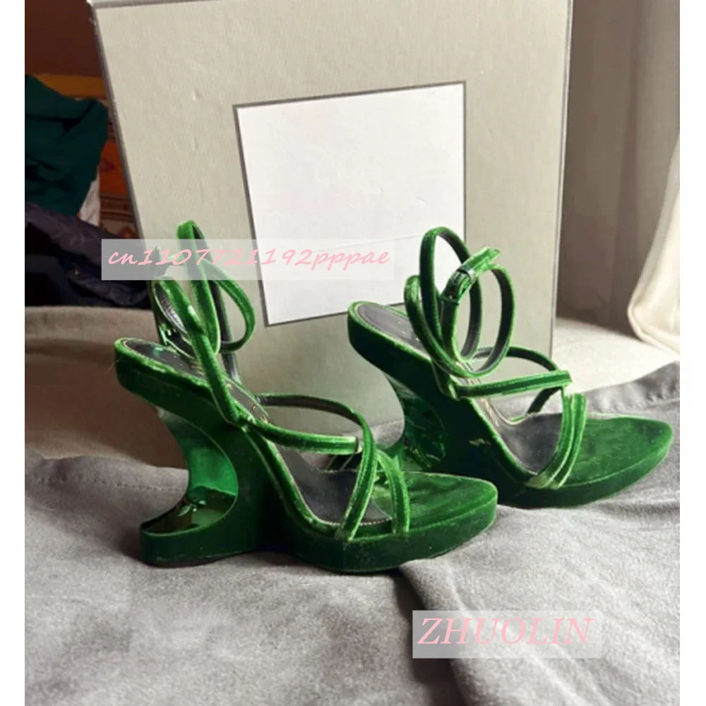 Curve Hollow Wedge Sandals Velvet Ankle Buckle Strap Open Toe Platform Women Night Club Evening Dress Party Ladies Footwear 43