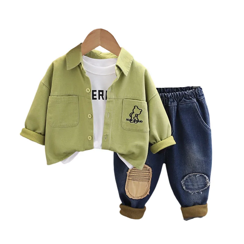 Baby Boy Fall Clothes 2024 Spring Autumn Cartoon Pocket Turn-down Collar Jackets T-shirts Pants Childrens Three Piece Clothing