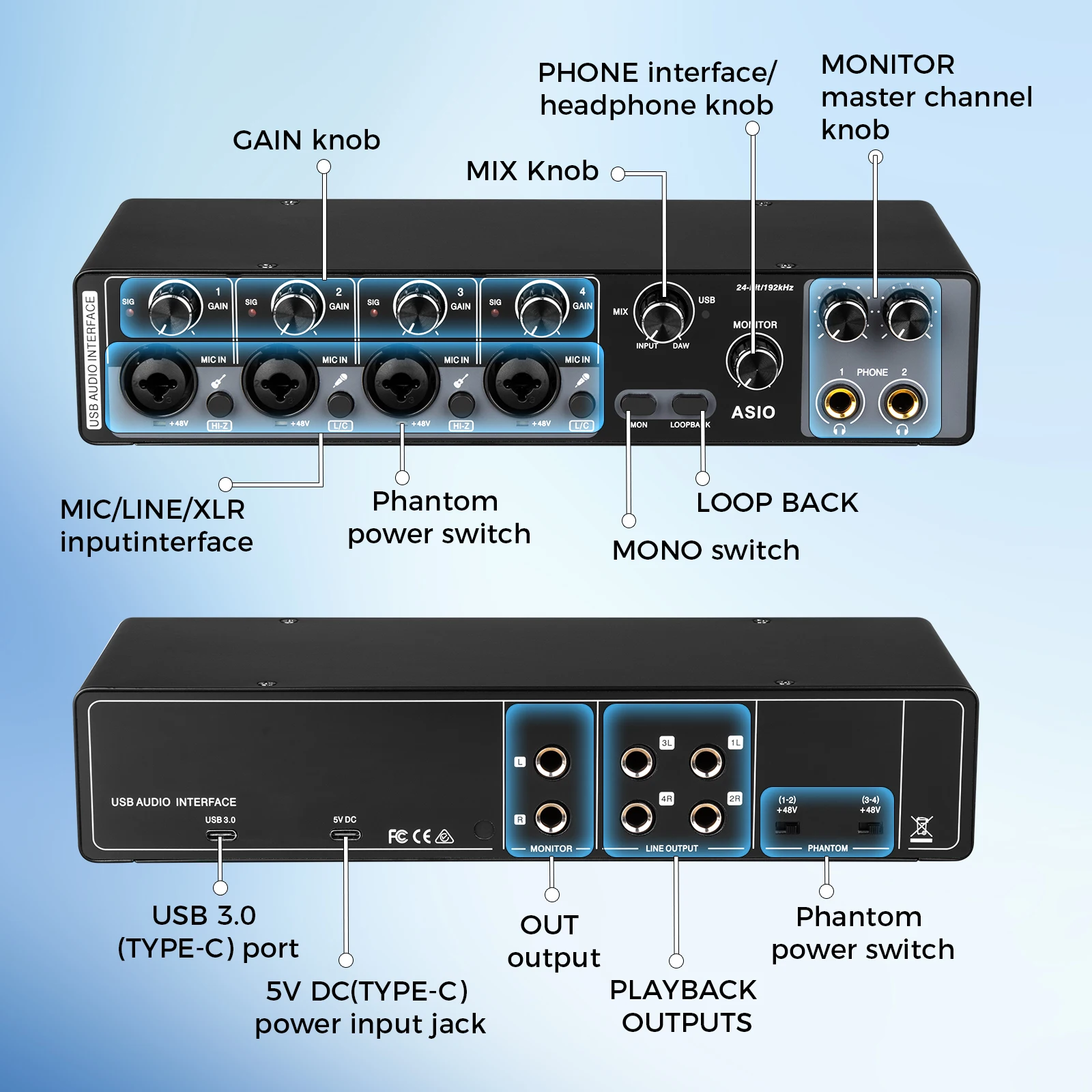 MQ44 Professional 4 Channel USB Studio Sound Card External 24bit 192khz Recording Studio Equipment