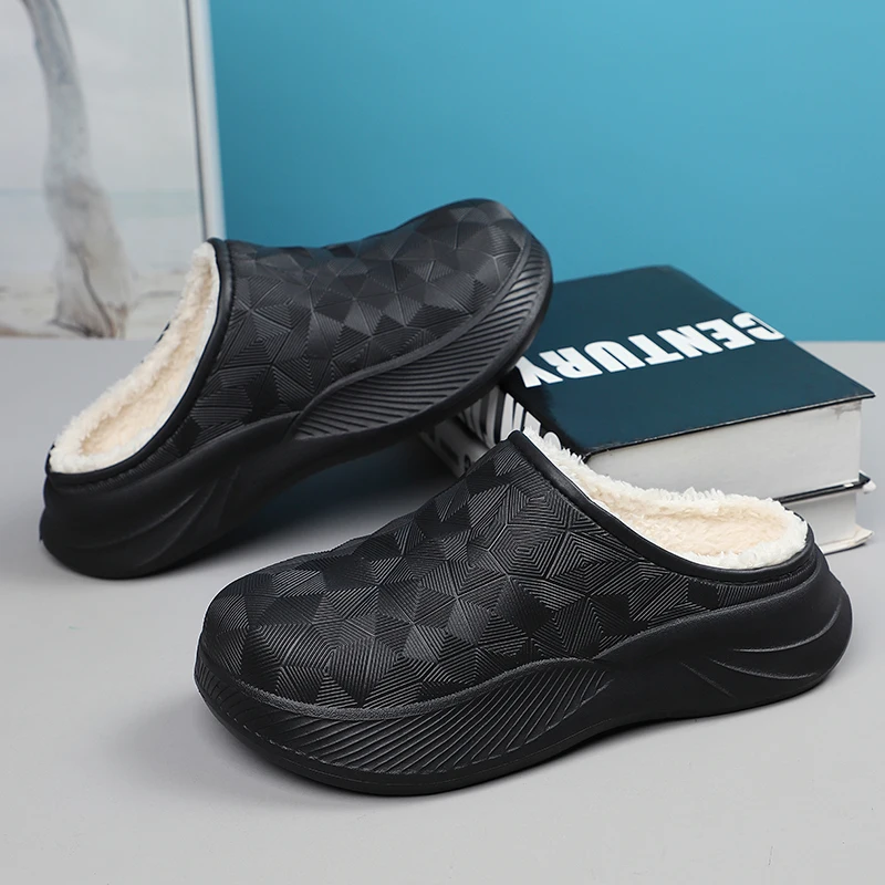Daily Indoor Warm Slippers Thick Fuzzy Plush Lining Non Slip Wearproof Flat Sole Closed Toe Bathroom Casual Cotton Slides Male