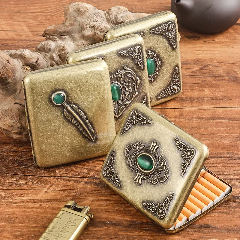 Creative Jewels Cigarette Box Vintage Brass Cigarette Protector Double Sided Smoking Case with Spring Clip Smoking Accessories